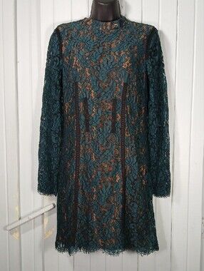 Marciano Teal Floral Lace Long-Sleeve Sheath with Nude Lining